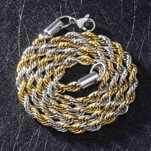 24 Mens 18K Gold Diamond Cut Rope Chain Necklace Two Tone Silver